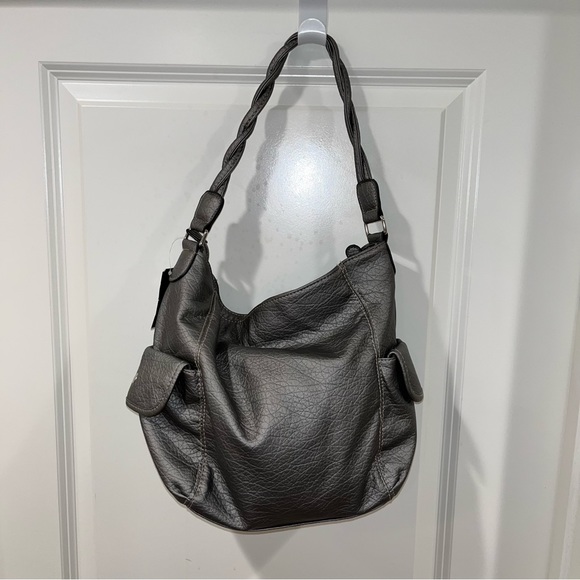 NEW GEORGE GREY SINGLE ZIPPER SIDE POCKETS BUCKLE PEWTER PEBBLE HANDBAG PURSE - Picture 8 of 8